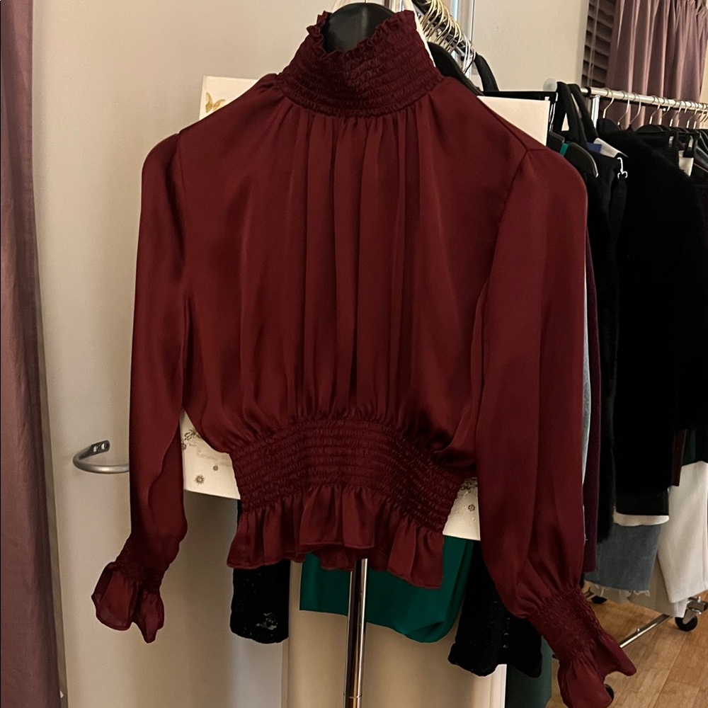 Shinestar Maroon Smocked High-Neck Blouse